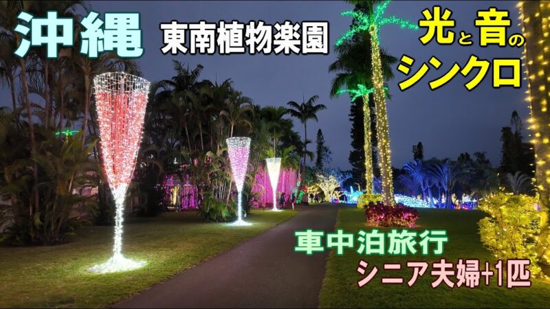 沖縄一周車中泊旅行記28【美らヤシパークオキナワ・東南植物楽園】夜のイルミネーションは沖縄の宝石箱！シニア夫婦と犬1匹が自作キャンピングシェルで行く